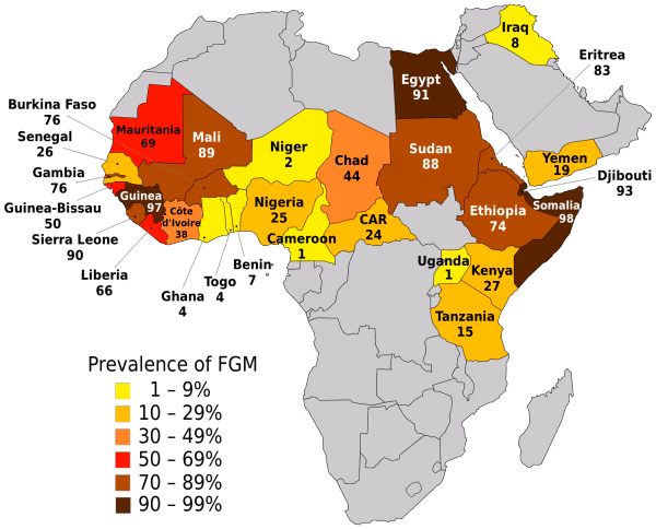 Percentage of girls and women aged 15–49 with FGM