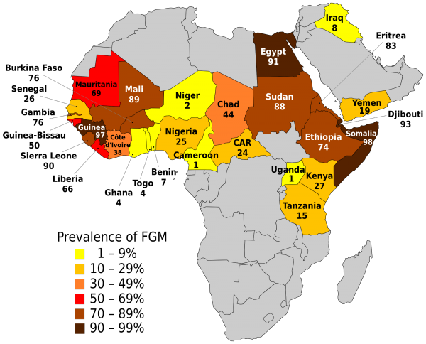 Percentage of girls and women aged 15–49 with FGM